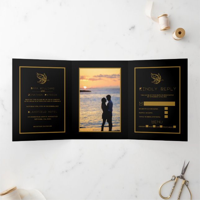 Invitation Trois Volets Gold Butterfly, Black & Gold Mariage Suite (Intérieur)