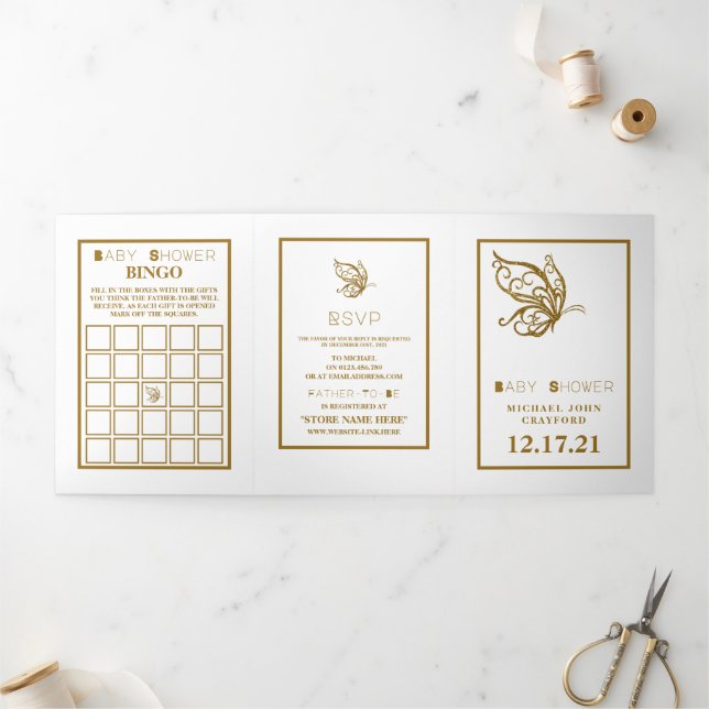 Invitation Trois Volets Gold Butterfly, White & Gold Baby shower Suite (Extérieur)