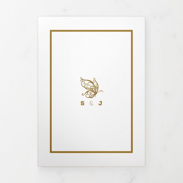 Invitation Trois Volets Gold Butterfly, White & Gold Mariage Suite (Page de couverture)