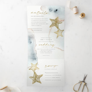 INVITATION TROIS VOLETS GOLD DUSKY BLUE BEACHING STARFISH WATERCOLOR MARIA