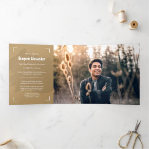 Invitation Trois Volets Gold Edgy Abstrait Brushstroke Photo Graduation