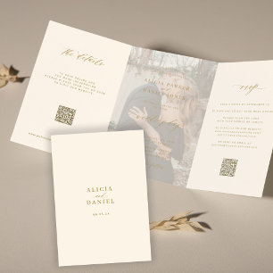 Invitation Trois Volets Gold ivoire photo mariage RSVP détails QR code