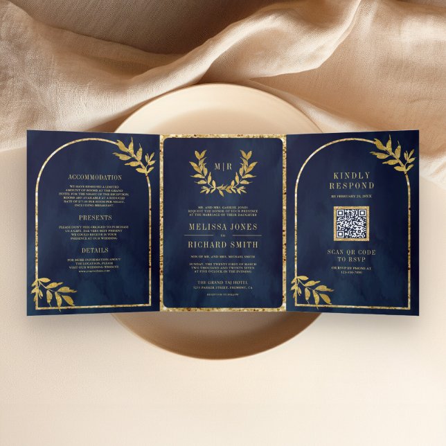 Invitation Trois Volets Gold Laurel Wreath Feuille Marine Blue Mariage (Créateur téléchargé)