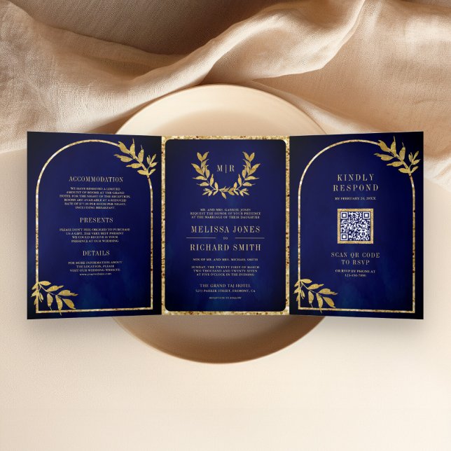 Invitation Trois Volets Gold Laurel Wreath Feuille Royal Blue Mariage (Créateur téléchargé)