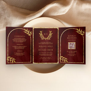 Invitation Trois Volets Gold Laurel Wreath Feuilles Bourgogne Mariage roug
