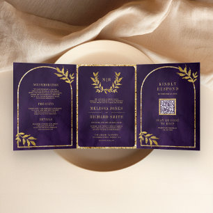 Invitation Trois Volets Gold Laurel Wreath Feuilles Royal Purple Mariage