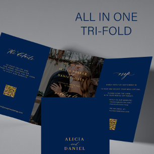 Invitation Trois Volets Gold marine bleu photo mariage RSVP détails code Q