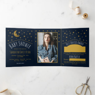 Invitation Trois Volets Gold Moon & Stars, Midnight Blue Baby shower Suite