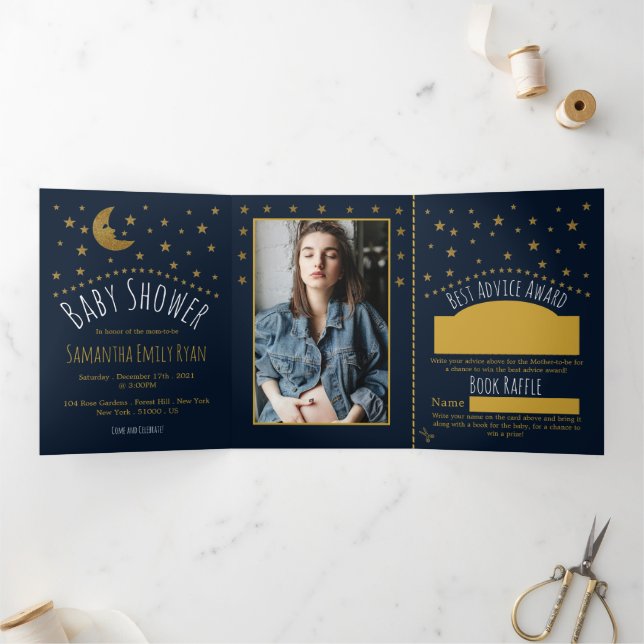 Invitation Trois Volets Gold Moon & Stars, Midnight Blue Baby shower Suite (Intérieur)
