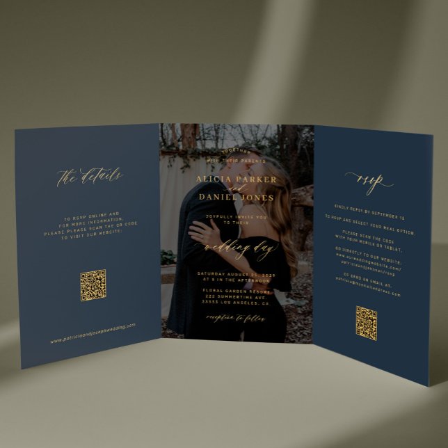 Invitation Trois Volets Gold navy blue photo wedding RSVP details QR code  (Créateur téléchargé)
