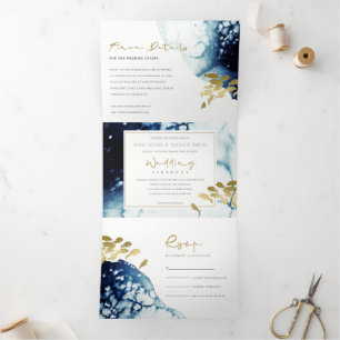INVITATION TROIS VOLETS GOLD NAVY SOUS L'EAU POISSON MARIAGE DE COULEUR D'