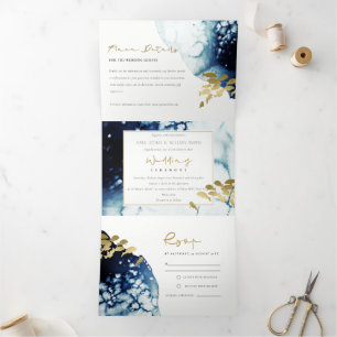 INVITATION TROIS VOLETS GOLD NAVY SOUS L'EAU POISSON MARIAGE T