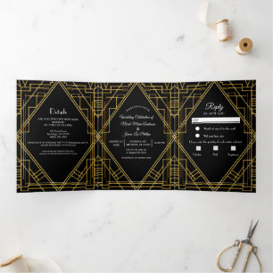 Invitation Trois Volets Gold Noir 20's Déco élégant Trifold Mariage 