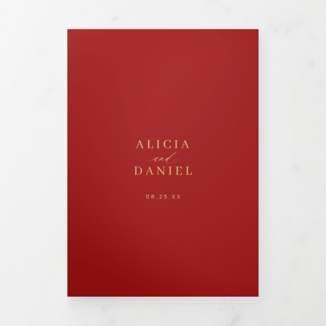 Invitation Trois Volets Gold red photo wedding RSVP details QR code (Page de couverture)