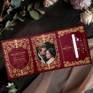 Invitation Trois Volets Gold Red Sword Shield Imaginaire médiéval Mariage