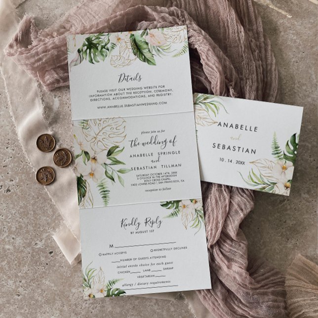Invitation Trois Volets Gold Tropical Foliage Floral Mariage (Créateur téléchargé)