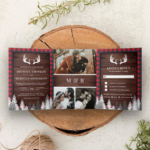 Invitation Trois Volets Grange Rustique Bois Rouge Buffalo Plaid Andouille