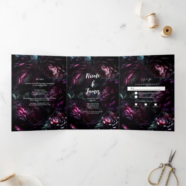 Invitation Trois Volets Gras Moody Flowers Enchantés Floral Mariage (Intérieur)