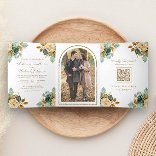 Invitation Trois Volets Green Cream Floral Gold QR Code Mariage photo