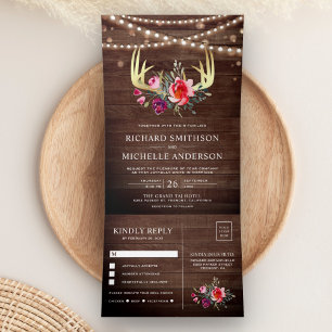 Invitation Trois Volets Guirlande Lumineuse en Bois de Grange Fleurs Or Ce