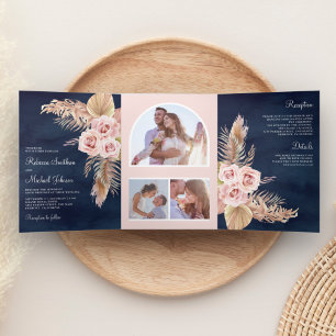 Invitation Trois Volets Herbe des Pampas Roses Rose Poussiéreux Bleu Nuit