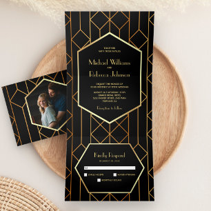 Invitation Trois Volets Hexagon Retro Art Déco Black Gold 3 en 1 Mariage