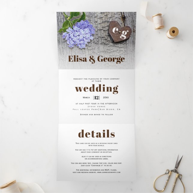Invitation Trois Volets Hydrangée bleue et coeur sur bois mariage rustique (Intérieur)