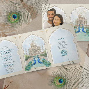 Invitation Trois Volets Indien Peacock Taj Mahal Arch QR Mariage