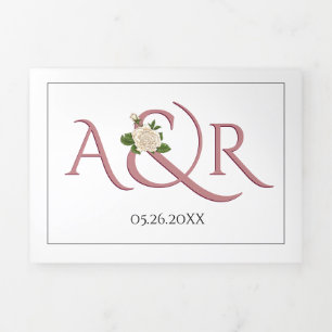 Invitation Trois Volets Initiales et ampersand Dusty rose, mariage rose