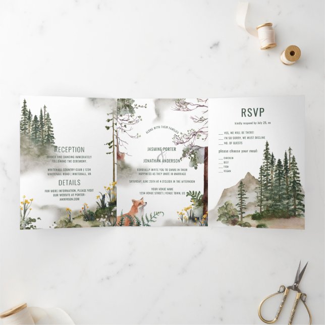 Invitation Trois Volets Into the Wild Rustic Mountain Paysage Renard rouge (Intérieur)
