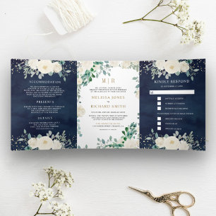 Invitation Trois Volets Ivoire Fleurs de Sauge Vert Feuilles Bleu Marine M