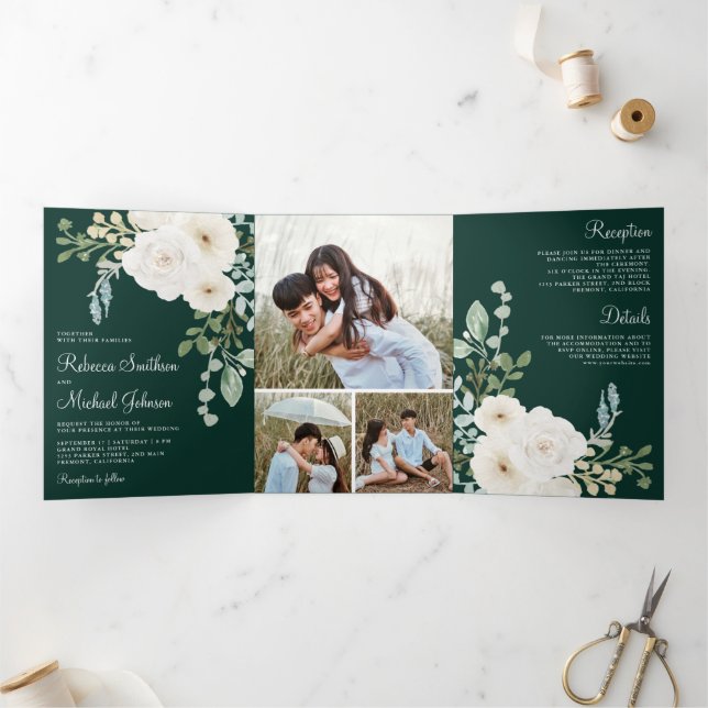 Invitation Trois Volets Ivory Floral Emerald Green Photo Collage Wedding (Intérieur)