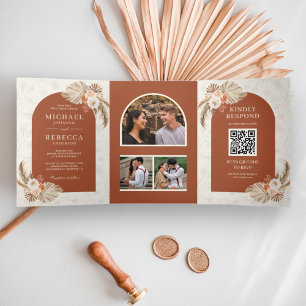 Invitation Trois Volets Ivory Floral Pampas Terracotta Code QR Mariage