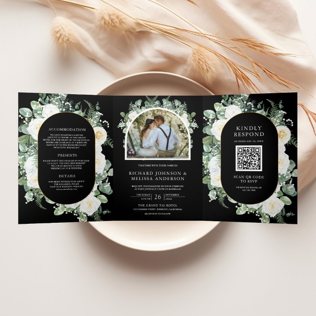 Invitation Trois Volets Ivory Floral Photo Code QR Mariage Noir (Créateur téléchargé)