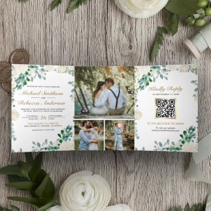 Invitation Trois Volets Ivory Floral Sage Vert Feuille QR Code Mariage