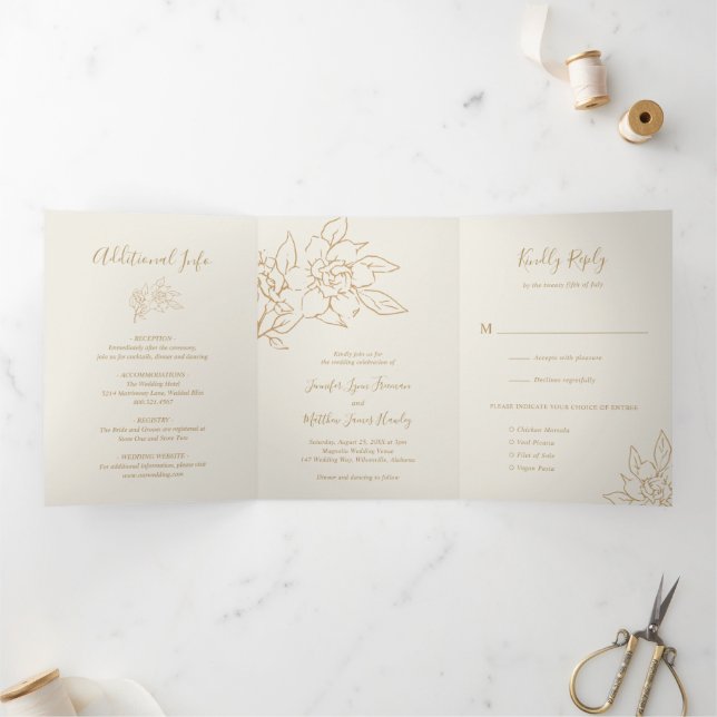 Invitation Trois Volets Ivory Line Art Floral Mariage élégant (Intérieur)