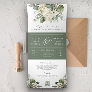 Invitation Trois Volets Ivory Roses Vert Sauge Code QR Mariage