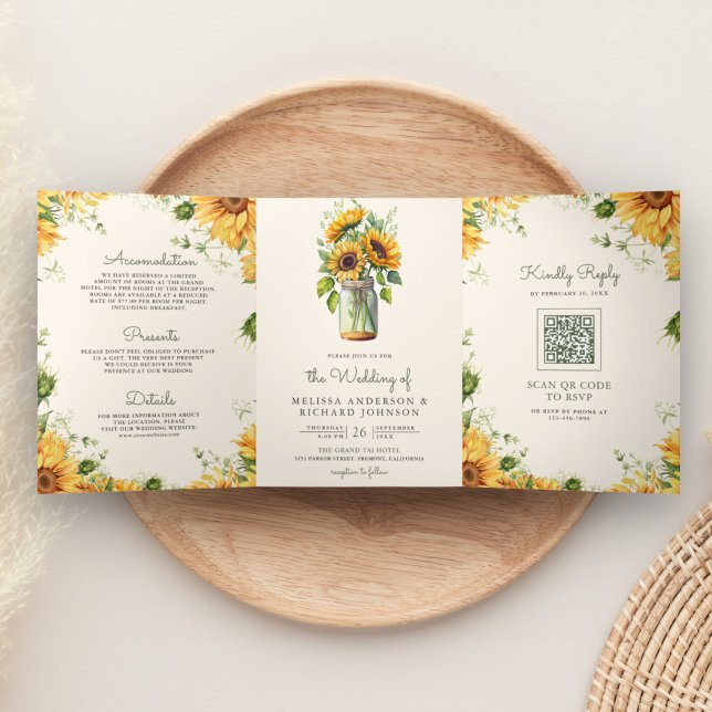 Invitation Trois Volets Ivory Sunflower Mason Jar QR Code Mariage (Créateur téléchargé)