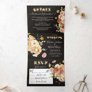 Invitation Trois Volets Jardin fleuri floral Mariage sombre et lunatique