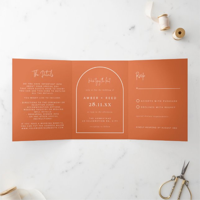 Invitation Trois Volets Jeu de jonction Arch moderne Brûlé Mariage orange (Intérieur)