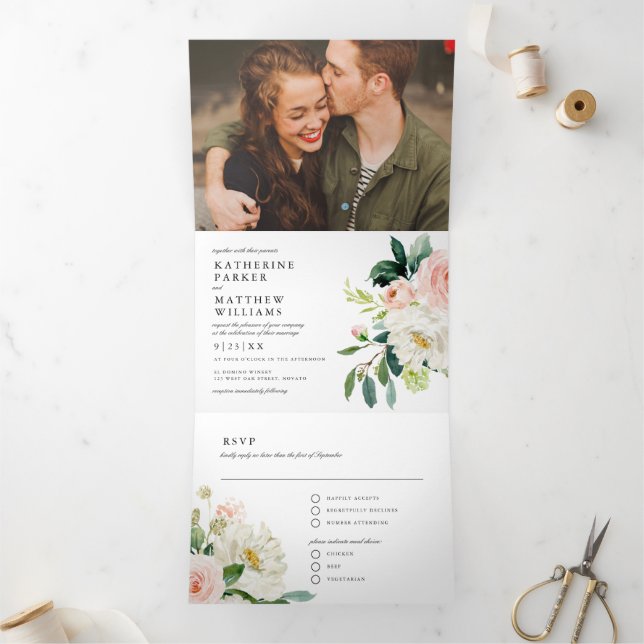 Invitation Trois Volets Joli Mariage photo tout-en-un Floral Aquarelle (Intérieur)
