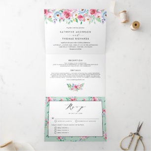Invitation Trois Volets Jolie aquarelle colorée Fleurs de printemps Mariag