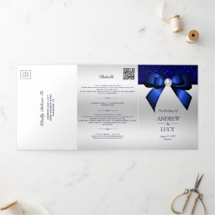 Invitation Trois Volets Joyau bleu romantique Gem Bow QR Code Mariage