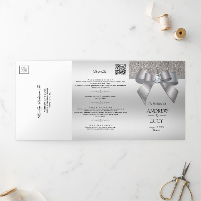 Invitation Trois Volets Joyau d'argent classique Gem Bow QR Code Mariage (Extérieur)