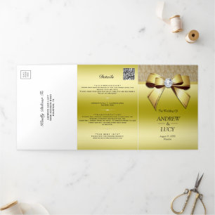 Invitation Trois Volets Joyau d'or classique Gem Bow QR Code Mariage