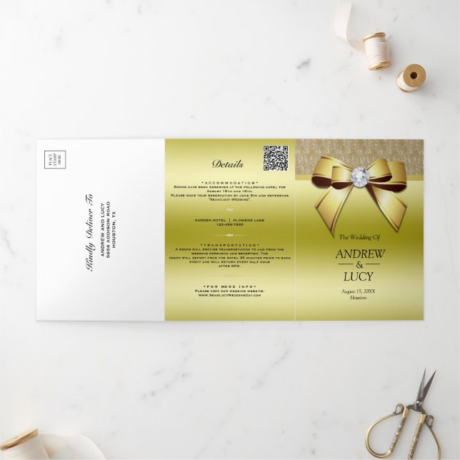 Invitation Trois Volets Joyau d'or classique Gem Bow QR Code Mariage (Extérieur)