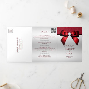 Invitation Trois Volets Joyau rouge romantique Gem Bow Code QR Mariage