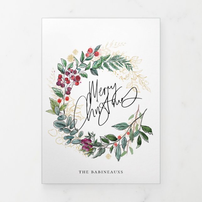 Invitation Trois Volets Joyeux Noël Botanique Wreath Holiday Photo (Page de couverture)