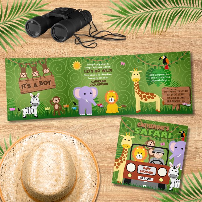 Invitation Trois Volets Jungle Safari Animaux mignons Sauvage Un Baby show (Créateur téléchargé)