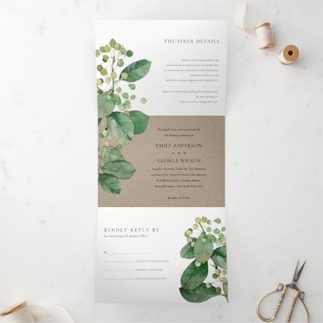 INVITATION TROIS VOLETS KRAFT BERRY LEAFY FOLIAGE MARIAGE VERT (Intérieur)